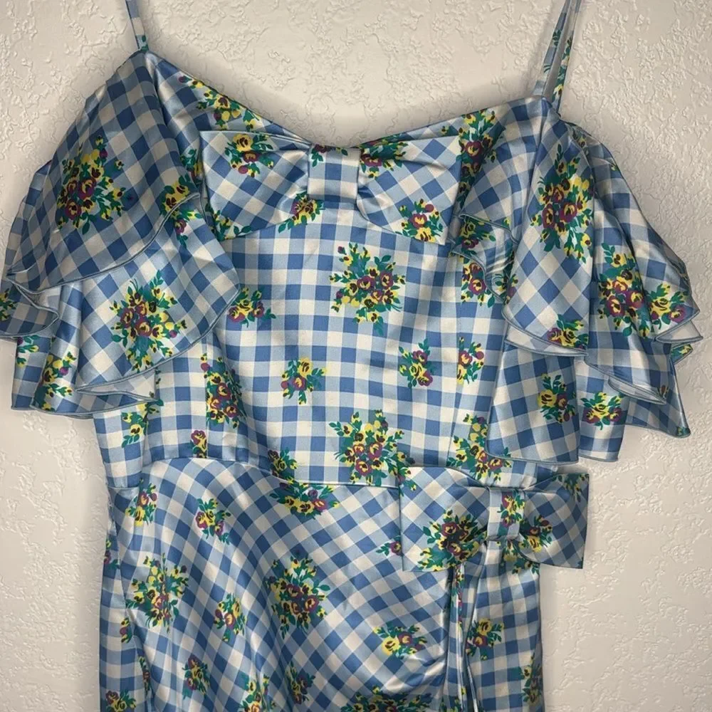 New ALESSANDRA RICH Off-Shoulder Floral Dress Medium Blue Gingham IT40/Small - Picture 4 of 16